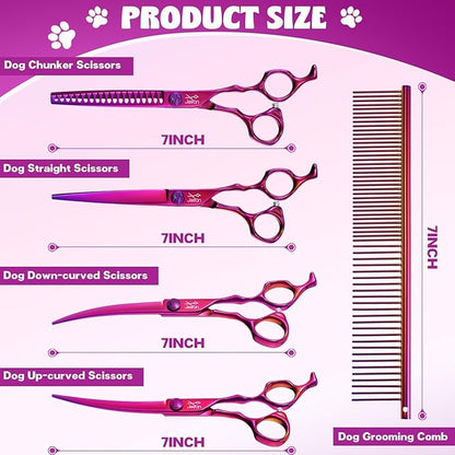 JASON Dog Grooming Scissors Set - Professional 6 in 1 Dog Shears Set - 7" Chunker, 7" Straight, 7" Up-Curved, 7" Down-curved Scissors and Comb for Cat Pet with Adjustable Screw Christmas Gift