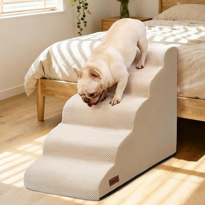 Aodisman Dog Stairs for High Bed,5 Step Dog Ramp for Small and Medium Dogs,Pet Stairs with Non-Slip Bottom for Puppy, Older Cat,Indoor Pet Steps,Comfort,Durable,22.4" H,Beige