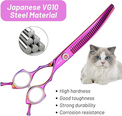 7.5in 25 Degree Curved Thinning Shears, VG10 Steel Sharp Dog Grooming Scissors Chunker, 35 Teeth Professional Pet Curved Blender, High-end Dog Trimming Scissors for Groomer or Home, 65% Thinning Rate