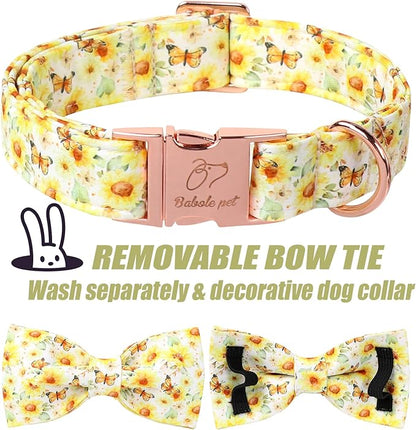 Floral Dog Collar with Bow Tie - Adjustable Yellow Sunflower Bowtie Collar Breathable Comfort Spring-Summer Dog Collars for Small Medium Large Dogs L