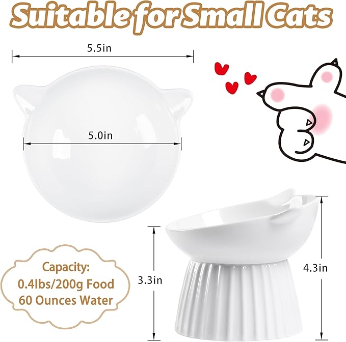 Wellbro Ceramic Raised Cat Bowl，Tilted Raised Bowl Anti Vomit Bowls for Indoor Cats Whisker Friendly Pet Feeder for Cats Puppies, Microwave and Dishwasher Safe