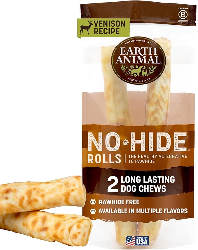 Earth Animal No Hide Chews - Long Lasting Rawhide Free Large Dog Chews Rolls, Venison - 2 Count