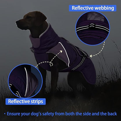 MIGOHI Thermal Large Dog Fleece Jacket - Rainproof Coat for Large Dogs, Thick Dog Winter Coat,Snow Jacket for Dogs Windproof for Hunting Camping,Windy Chilly Days,Doberman,Great Dane,3XL,Purple