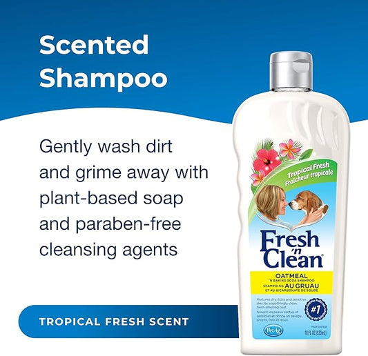 PetAg Fresh ’n Clean Oatmeal ’n Baking Soda Shampoo - Tropical Fresh Scent - 18 oz - Nurtures Dry, Itchy & Sensitive Skin with Vitamin E & Aloe - Strengthens & Repairs Coats - Soap Free