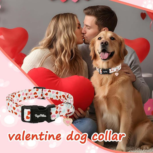 Valentines Dog Collar with Multi-Heart Pattern, Adjustable Small Dog Collar with Safety Buckle & Heart Charm, Spring Summer for Girl Boy Dogs-S