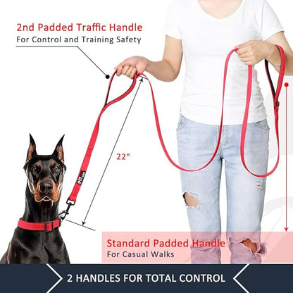 Plutus Pet Double Handle Dog Leash 5ft, Heavy Duty, Reflective Dual Handle Dog Leash for Safety Training, for Medium Large Dogs,2 Handle Leads(Red)