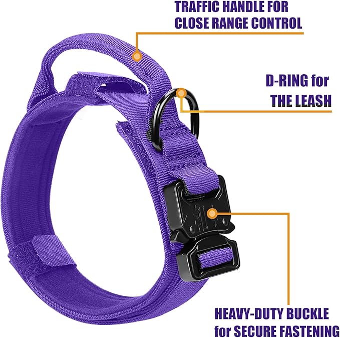 Tactical Military Collar - Adjustable Nylon, Heavy Duty Metal Buckle with Handle for Dog Training, with Patches (Purple, XL)