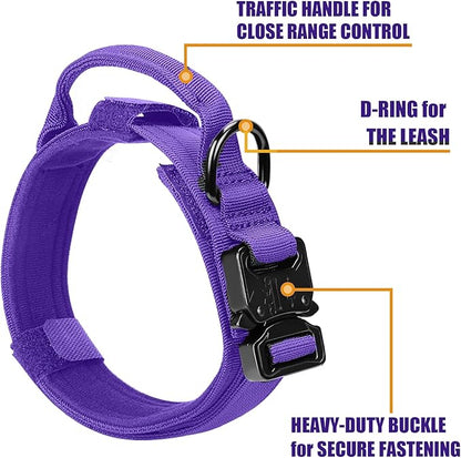 Tactical Military Collar - Adjustable Nylon, Heavy Duty Metal Buckle with Handle for Dog Training, with Patches (Purple, XL)