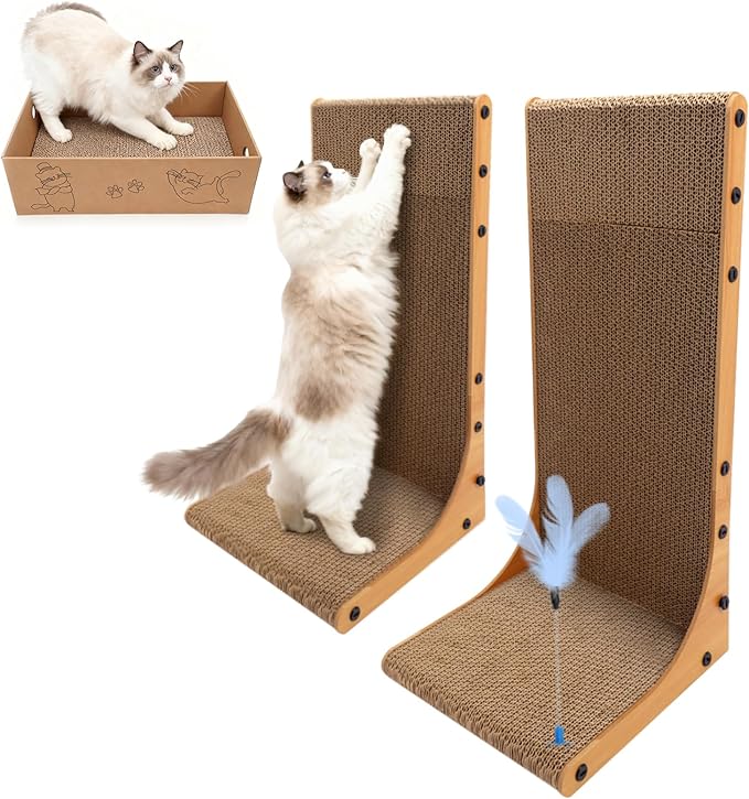 Goosheep Cat Scratching Post, 3-in1 Scratching Board for Indoor Cats, 2PK 22in L-Shaped Cat Scratcher with 1PK Cardboard Box Scratch Pad, Cats Scratch Furniture Protector with Feathered Toy