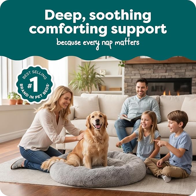 FurHaven 45" Calming Donut Dog Bed for Large Dogs, Round Plush Donut with Soft Filling for Snuggling Comfort, Removable Washable Cover, Jumbo XL, Shaggy Faux Fur, Mist Gray