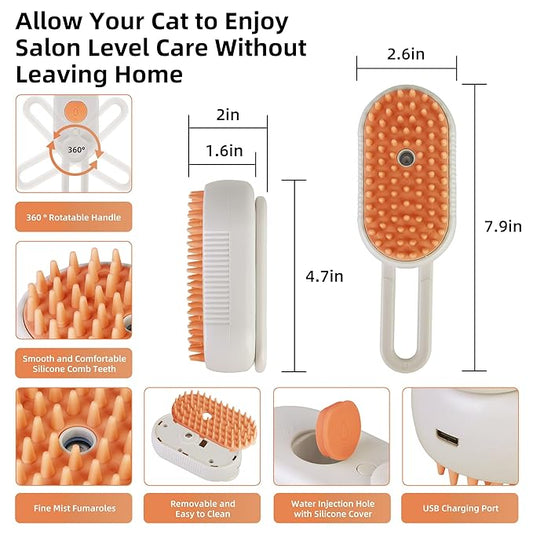 Cat Dog Hair Steam Brush: 4 in 1 Pet Grooming Tool Rechargeable Groomer Silicone Comb for Massage, Cleaning, Shedding and Combing, Anti-Static, 360° Portable Handle for Long or Short Hair Pet (Orange)