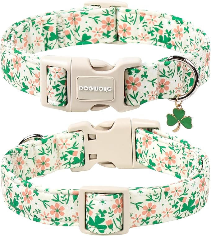 DOGWONG St Patrick's Dog Collar, Green Clover Pet Collar Cotton Flower Shamrock Pet Collar Cute Puppy Collar Adjustable Pet Dog Collars for Small Dogs