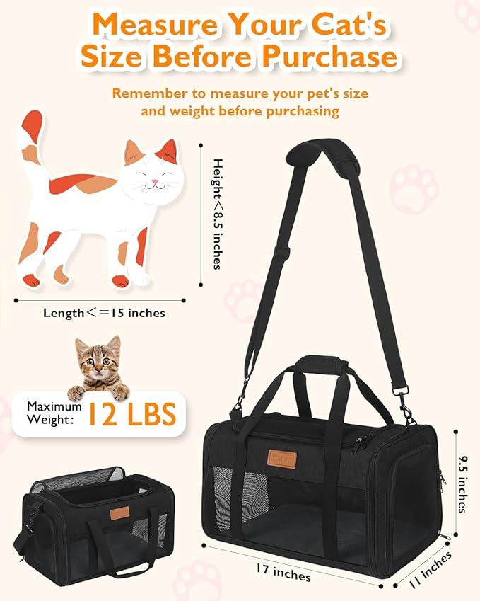 PETUX Airline Approved Pet Carrier - 17x11x9.5 in, Underseat, Top & Side Entry, Soft Sided Cat Dog Carrier for Small Cat & Dog Up to 12 lbs with Breathable Anti-Scratch Mesh for Travel & Vet - Black