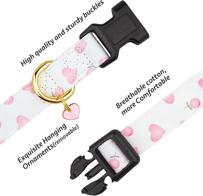 Cotton Handmade Dog Collar Cute and Distinctive Patterns White and Pink Love Heart with Pendant for Girl Boy Dogs Collars M