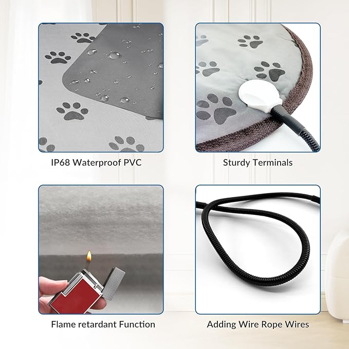 Quwzayail Cat Heating Pad, 9 Gears and time Settings and Metal Protective Tube, Adding Wire Rope Warming,Comes with Soft Fabric Cover (18.0" Lx 18.0" W x 0.5" Th, Gray Pattern)