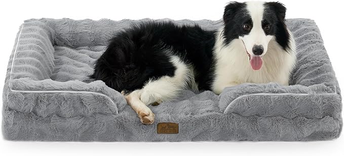 COZY KISS Orthopedic Dog Bed for Large Size Dog, Soft and Warm Faux Fur Extra Large Sofa for Pet Up to 100 lbs, Foam Bolster Anti-Slip Couch with Washable Removable Cover, XL 44x32x7 inch, Grey