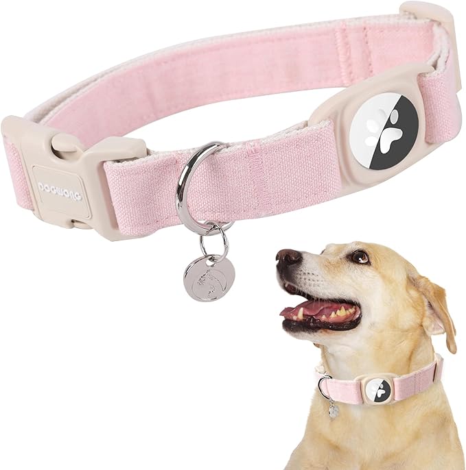 DOGWONG Airtag Cotton Hemp Dog Collar, Heavy-Duty Dog Collar with Airtag Holder Pink Natural Fabric Pet Cute Puppy Necklace for Small Medium Large Dogs