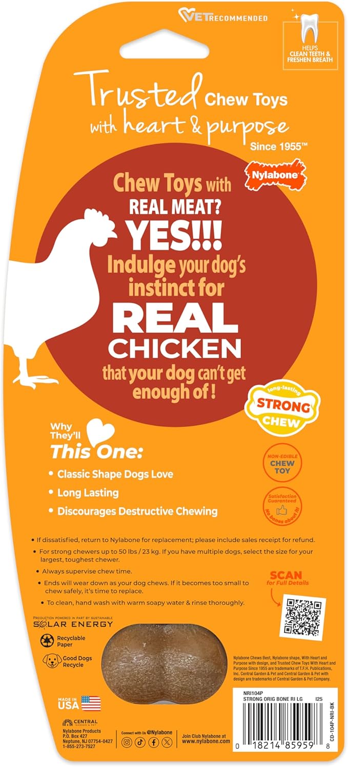 Nylabone Original Bone Strong Chew Toy for Dogs Made with Real Chicken, Durable Dog Chew Bones for Aggressive Chewers, Long-Lasting Flavor Keeps Dogs Busy, Large Dog Toys - Up to 50 lbs, 1 Count
