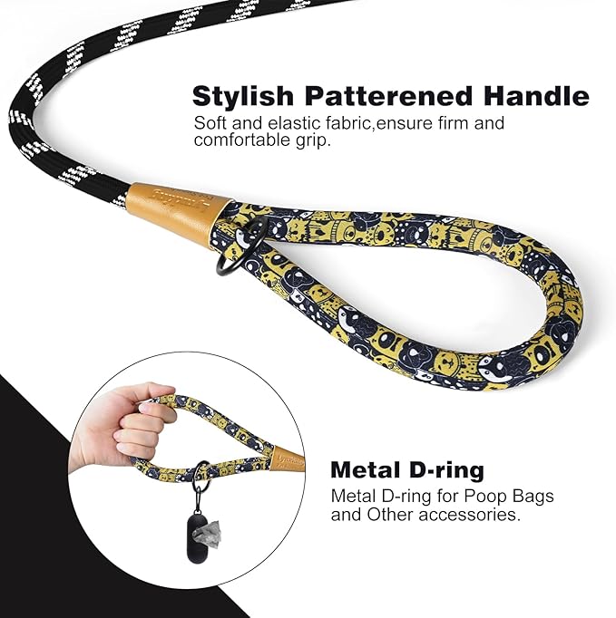 lynxking Rope Dog Leash 6 FT with Comfortable Padded Handle, Highly Reflective Threads Leash for Small Medium Large Dogs (Black, 2PCS Large 1/2in x 6ft-Rope Clasp)
