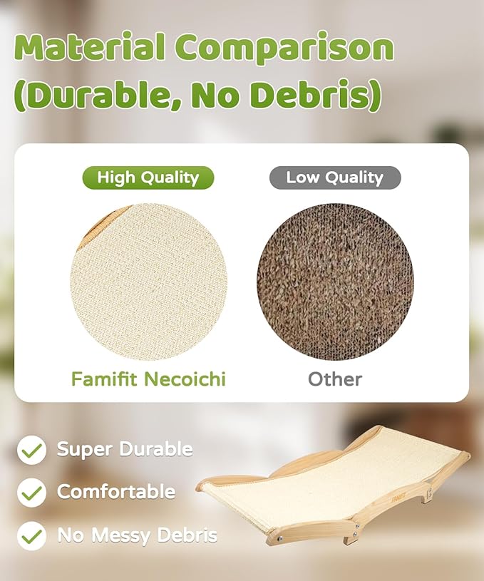 Famifit Large Sisal Cat Scratcher Bed with Solid Wood Base, Durable Scratch & Rest 2-in-1, Extra-Wide 28” Anti-Slip Cat Scratch Pad for Indoor Cats