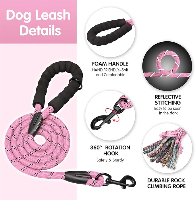 PoyPet No Pull Dog Harness and 5 Feet Leash Set, Release on Neck Reflective Adjustable Pet Vest, Front & Back 2 D-Ring and Soft Padded Pet Harness with Handle for Small to Large Dogs(Pink,M)