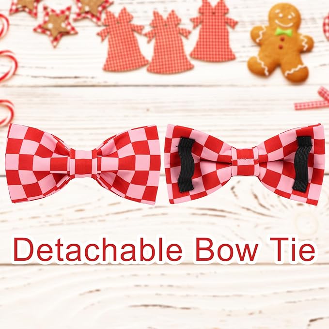 Red and Pink Plaid Dog Collarwith Bow Tie– Adjustable Red & Pink Checkered Dog Collar for Small Medium Large Dogs, Soft Xmas Plaid Puppy Collars with Quick Release Buckle M