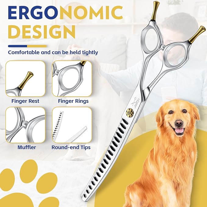 JASON Dog Scissors for Grooming - 7" Up-curved Chunker Shears with 65%-70% Thinning Rate, Professional Japanese 440C Stainless Steel Dog Grooming Chunkers with Adjustable Screw (18 Teeth, Silver) Gift