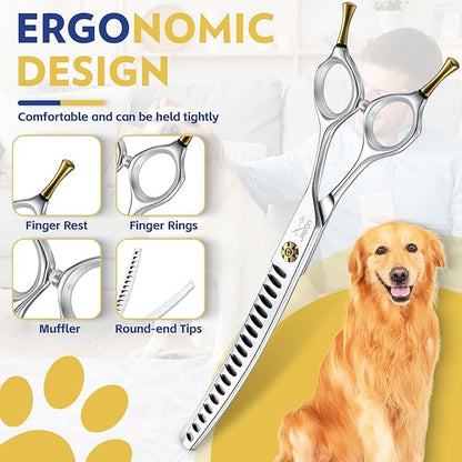 JASON Dog Scissors for Grooming - 7" Up-curved Chunker Shears with 65%-70% Thinning Rate, Professional Japanese 440C Stainless Steel Dog Grooming Chunkers with Adjustable Screw (18 Teeth, Silver) Gift
