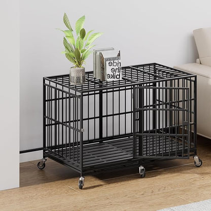 Snuowu 48 Inch Heavy Duty Dog Crate with Wheels，Indestructible Escape-Proof Dog Cage for Large Dogs, Extra Large XL XXL Indestructible Dog Crate with Removable Tray.