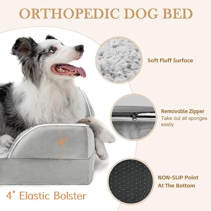 Comfort Expression Orthopedic Dog Bed for Large Dogs 36x27 Inch, Waterproof Egg Crate Foam Large Pet Bed with Removable Bolsters, Dog Couch with Washable Cover & Non-Slip Bottom, Grey White