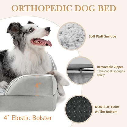 Comfort Expression Orthopedic Dog Bed for Large Dogs 36x27 Inch, Waterproof Egg Crate Foam Large Pet Bed with Removable Bolsters, Dog Couch with Washable Cover & Non-Slip Bottom, Grey White