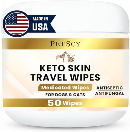 Petscy Keto Skin Travel Wipes - Antiseptic Dog Wipes for Paws, Ears, Facial Folds, Underarms & Other Sensitive Areas for Dogs & Cats – Aloe-Infused, Non-Greasy Formula (Travel)
