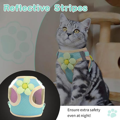 NCMAMA Cat Harness and Leash Set for Walking Escape Proof, Adjustable Kitten Harness Breathable Mesh with Reflective Strips Harness with Flower for Kitty Puppy Bunny Green XS