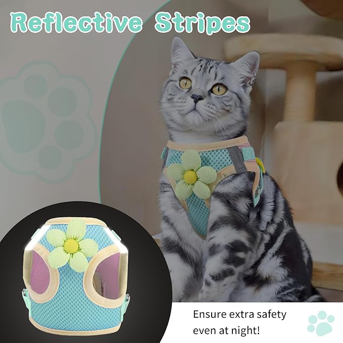 Cat Harness and Leash Set for Walking Escape Proof, Adjustable Kitten Harness Breathable Mesh with Reflective Strips Harness with Flower for Kitty Puppy Bunny Green S