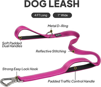 PetiFine 4FT Heavy Duty Dog Leash with Soft Padded Double Handle, Durable Strong Clasp Dog Leashes, Reflective Nylon Walking Lead for Large,Medium,Small Breed Dogs, Rose