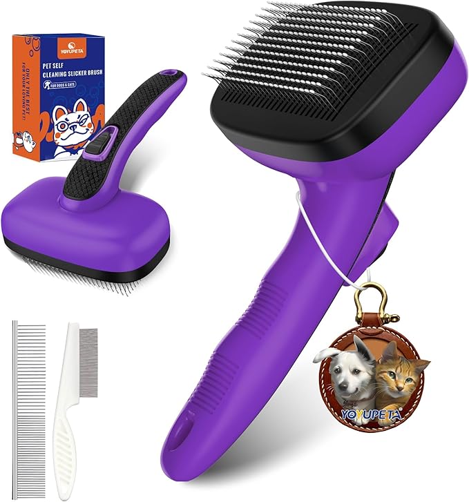 YOYUPETA 3 PCS Dog Grooming Brush Kit – Self Cleaning Slicker Brush for Shedding Short & Long Haired Dogs & Cats. Removes Loose Fur, Undercoat, Mats, Tangles for Small, Medium & Large Pets. Purple
