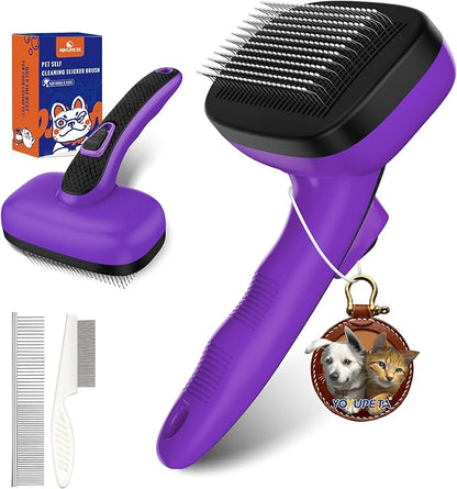YOYUPETA 3 PCS Dog Grooming Brush Kit – Self Cleaning Slicker Brush for Shedding Short & Long Haired Dogs & Cats. Removes Loose Fur, Undercoat, Mats, Tangles for Small, Medium & Large Pets. Purple