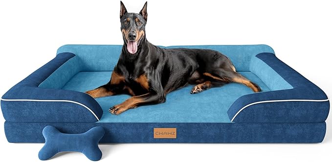 CWAWZ XXL Dog Bed for Extra Large Dogs, Giant Orthopedic Dog Bed with Cooling Gel Memory Foam, Waterproof Pet Bed with Removable Washable Cover, 53" Pet Sofa Bed Dutch Velvet with Bone Toy, Navy Blue