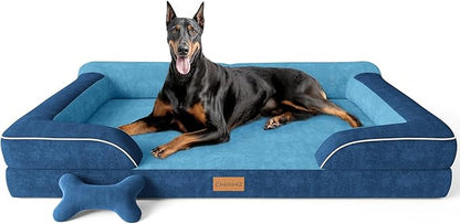 CWAWZ XXL Dog Bed for Extra Large Dogs, Giant Orthopedic Dog Bed with Cooling Gel Memory Foam, Waterproof Pet Bed with Removable Washable Cover, 53" Pet Sofa Bed Dutch Velvet with Bone Toy, Navy Blue
