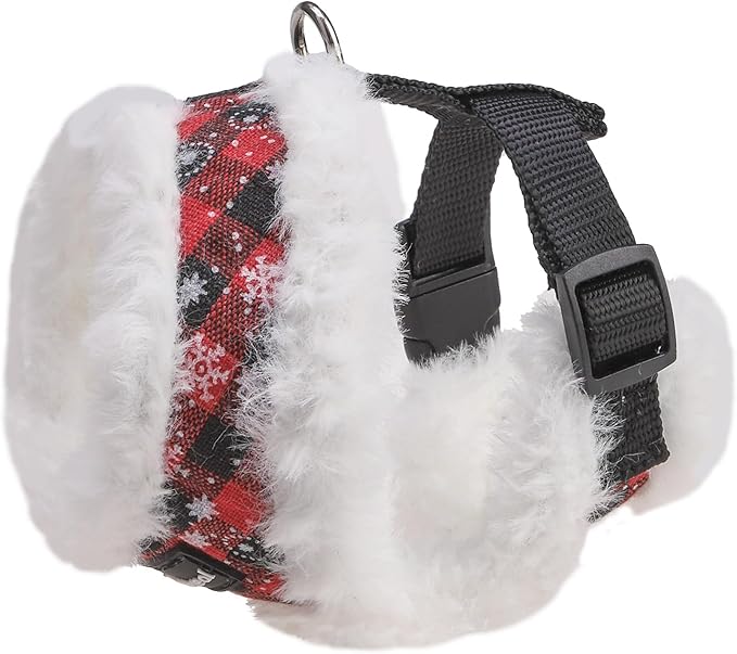 SCENEREAL Dog Christmas Harness Collar and Leash Set, Warm Fleece No Pull Puppy Vest Harnesses No Chock Adjustable Step in Small Pet Halter for Outdoor Walking Training, Black Red Plaid XS