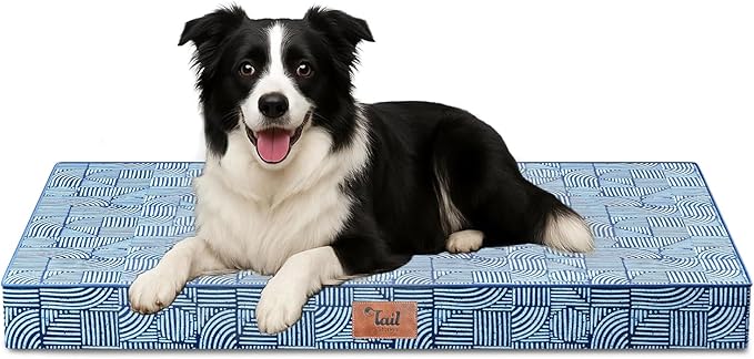 Tail Stories Outdoor Dog Bed for Medium Dogs, Waterproof Dog Crate Mat Orthopedic Egg Crate Foam Pet Bed with Washable Removable Oxford Cover, White Blue
