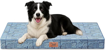 Tail Stories Outdoor Dog Bed for Medium Dogs, Waterproof Dog Crate Mat Orthopedic Egg Crate Foam Pet Bed with Washable Removable Oxford Cover, White Blue