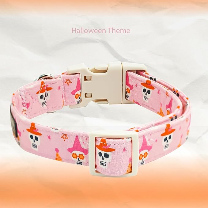 Elegant little tail Halloween Dog Collar, Skull Print Pink Halloween Pet Collars Cotton Soft Sturdy Puppy Collars Holiday Female Adjustable Collar for Medium Dogs