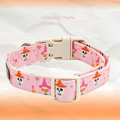 Elegant little tail Halloween Dog Collar, Skull Print Pink Halloween Pet Collars Cotton Soft Sturdy Puppy Collars Holiday Female Adjustable Collar for Medium Dogs
