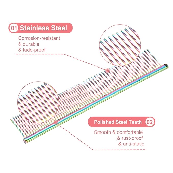 PETAXCELL Dog Cat Comb, Pet Combs Stainless Steel Teeth with Rounded Ends for Knots Mats Loose Hair Removal, 7.5IN (Colorful Plated, 3 Pack), Grooming Tool Intended for Long Curly Hair Pet