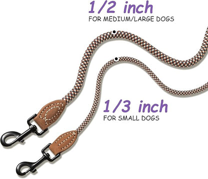 Mile High Life Small Dog Leash, Thin Rope Leash with Genuine Leather Connection and Heavy Duty Metal Clasp, Great for Small Medium Dogs(Brown,48 Inch-1/3)