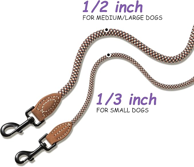 Mile High Life Small Dog Leash, Thin Rope Leash with Genuine Leather Connection and Heavy Duty Metal Clasp, Great for Small Medium Dogs(Brown,72 Inch-1/3)