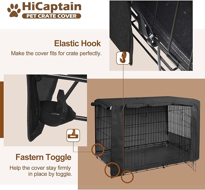 HiCaptain Breathable Dog Crate Cover 36 Inch, Durable Heavy Duty Kennel Cover, Dual Zippered Panels, Windproof Waterproof UV-Resistant(Black)