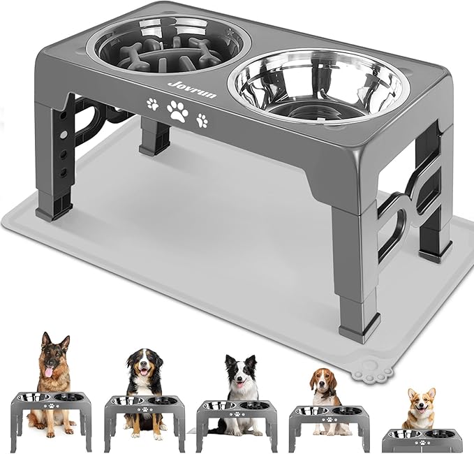 Elevated Dog Bowls, Dog Feeder with 1*Stainless Steel Dishes & 1*Slow Feeder Bowl, 5 Heights Adjustable Raised Stand for Medium Large, Food Dishes with Non-Slip Feet