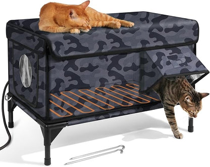 Outdoor Heated Cat House in Winter,Extremely Insulated & Weatherproof,Elevated Feral Cat Shelter with Waterproof Eaves & Escape Door for Outside Stray Barn Cat (Dark Camo,L)